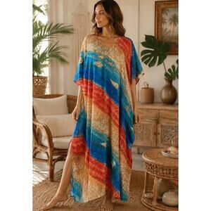 Vintage Winlar Satin Colorful Ocean Wave Beach Seashell Kaftan House Dress OSFM